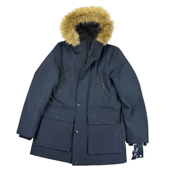 Club Room Mens Removable Faux Fur Hood Ultra Loft Parka Jacket Navy Blue S - Picture 1 of 6
